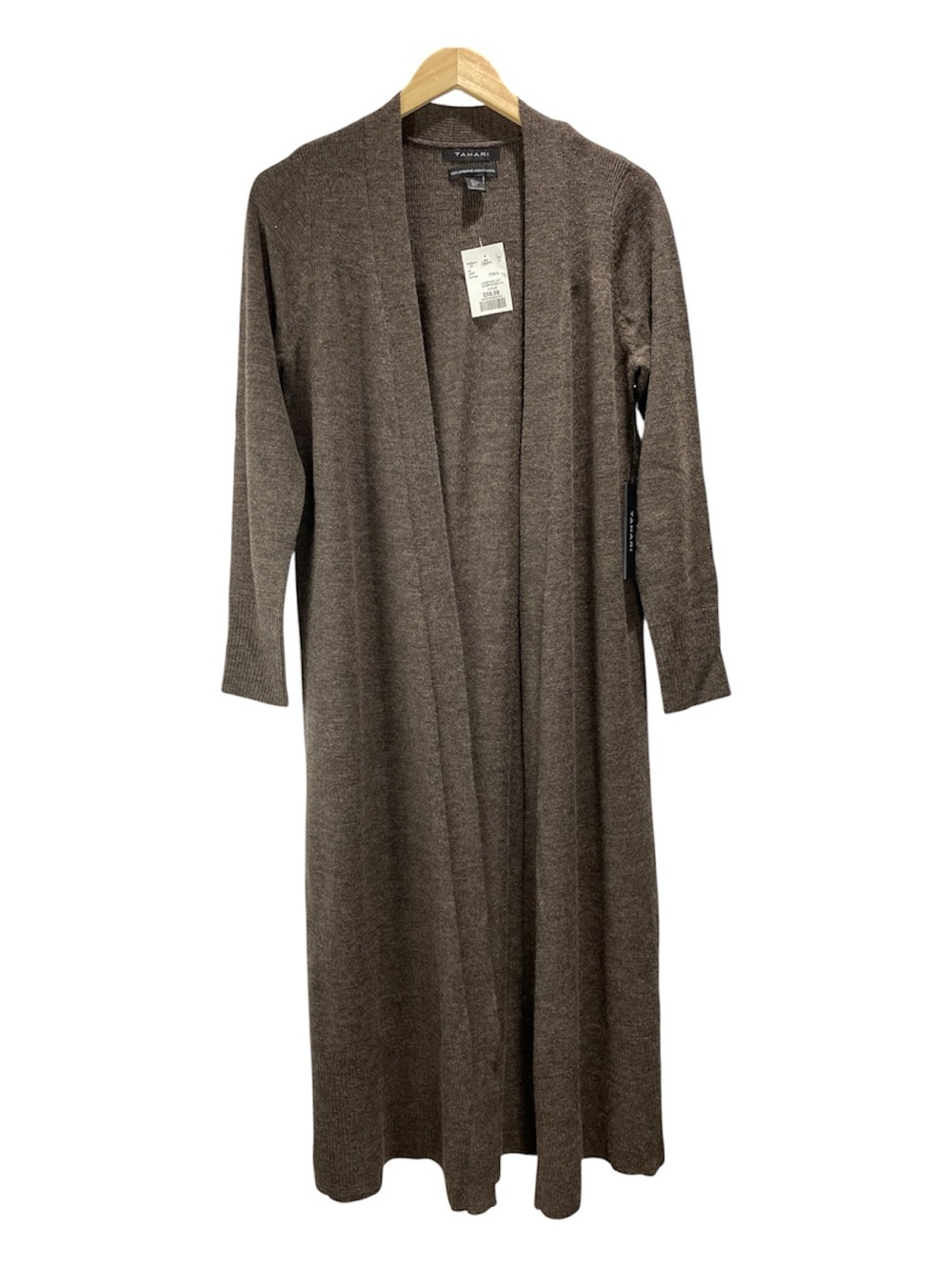 New Tahari Wool Knit Sweater Size L Merino Wool Brown Midi Length Cardigan